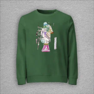 Unisex, organic cotton and recycled polyester sweatshirt, set-in sleeves, french terry knit, colour bottle green, front design aquarelle painting by Marijke Ali, t-fins