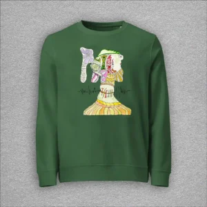 Unisex, organic cotton and recycled polyester sweatshirt, set-in sleeves, french terry knit, colour bottle green, front design aquarelle painting by Marijke Ali, t-fins