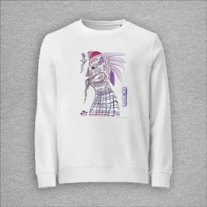 Unisex, organic cotton and recycled polyester sweatshirt, set-in sleeves, french terry knit, colour white, front design aquarelle painting by Marijke Ali, t-fins