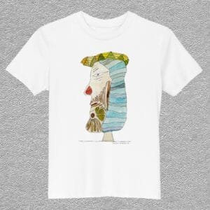 organic cotton kids t-shirt, white colour, front design aquarelle painting by Marijke Ali, t-fins