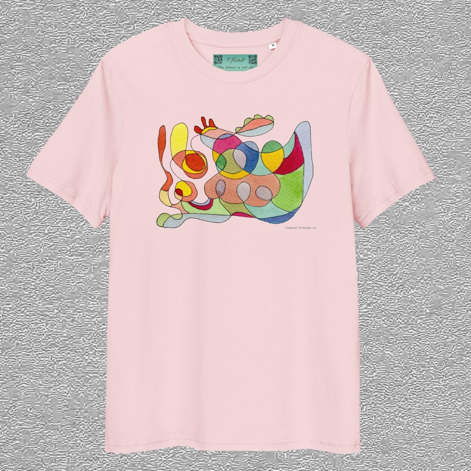 unisex, organic cotton t-shirt, cotton pink colour, abstract front design aquarelle painting by Marijke Ali, t-fins