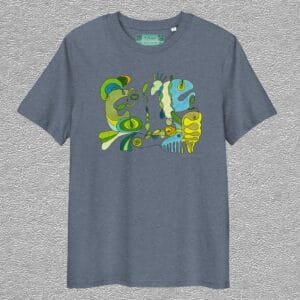 unisex, organic cotton t-shirt, dark heather blue colour, front design aquarelle painting by Marijke Ali, t-fins