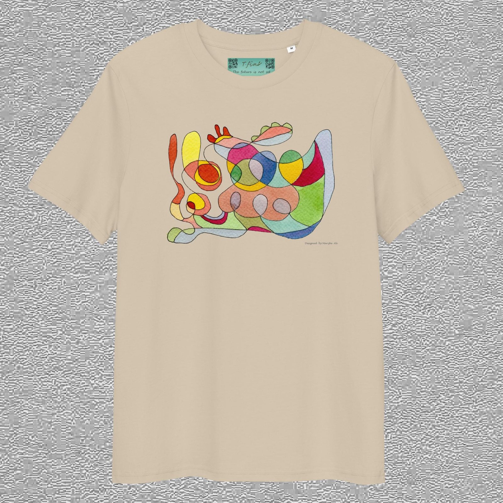 unisex, organic cotton t-shirt, desert dust colour, abstract front design aquarelle painting by Marijke Ali, t-fins