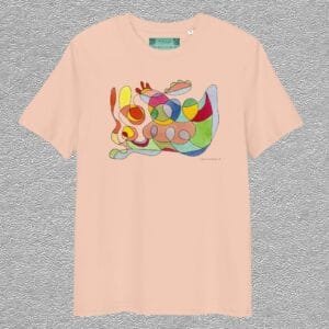 unisex, organic cotton t-shirt, fraiche peche colour, abstract front design aquarelle painting by Marijke Ali, t-fins