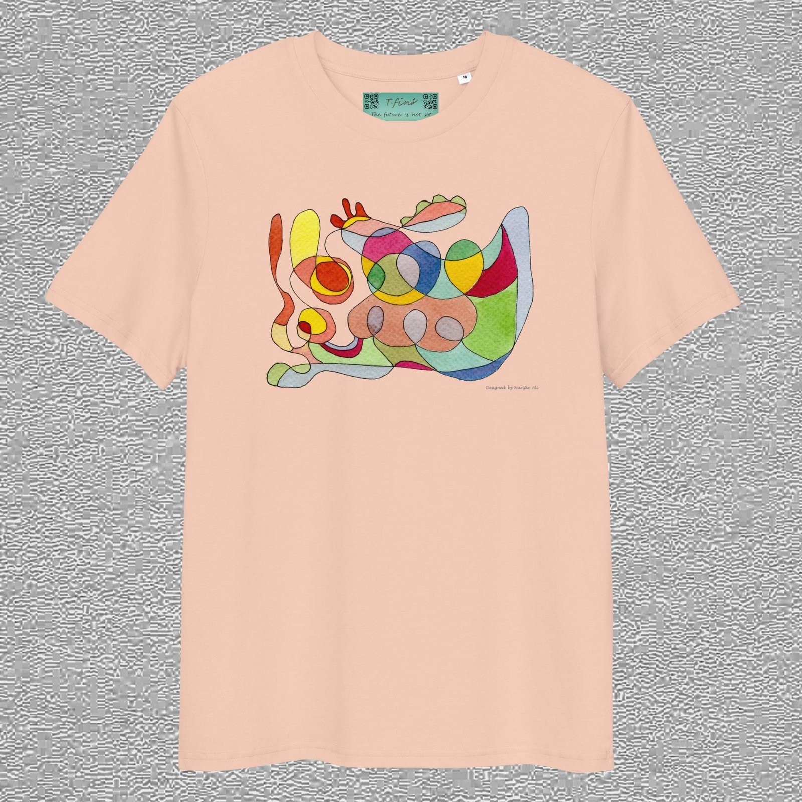 unisex, organic cotton t-shirt, fraiche peche colour, abstract front design aquarelle painting by Marijke Ali, t-fins