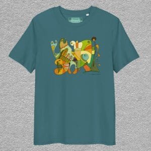 unisex, organic cotton t-shirt, stargazer colour, front design aquarelle painting by Marijke Ali, t-fins