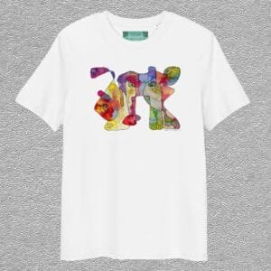 unisex organic cotton t-shirt, white colour, front design aquarelle painting "me and my avatar" by Marijke Ali, t-fins