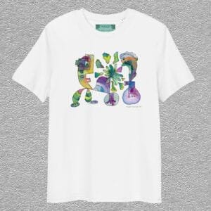 unisex organic cotton t-shirt, white colour, front design aquarelle painting by Marijke Ali, t-fins