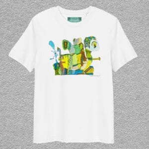 unisex, organic cotton t-shirt, white colour, front design aquarelle painting by Marijke Ali, t-fins