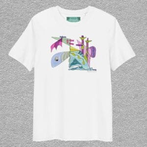 unisex, organic cotton t-shirt, white colour, front design aquarelle painting by Marijke Ali, t-fins