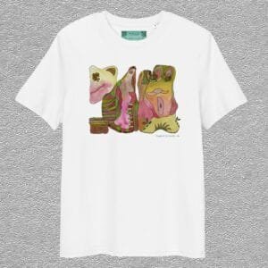 unisex, organic cotton t-shirt, white colour, front design aquarelle painting by Marijke Ali, t-fins