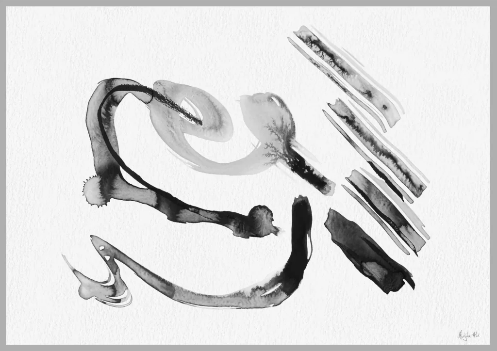 Giclée print of an abstract painting with chinese black ink, Ilford cotton textured paper, sizes A5, A4, A3, A2, A1, painting by Marijke Ali, t-fins