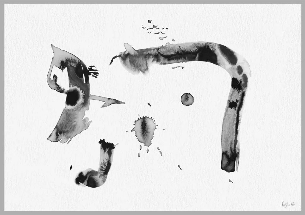 Giclée print of an abstract painting with chinese black ink, Ilford cotton textured paper, sizes A5, A4, A3, A2, A1, painting by Marijke Ali, t-fins