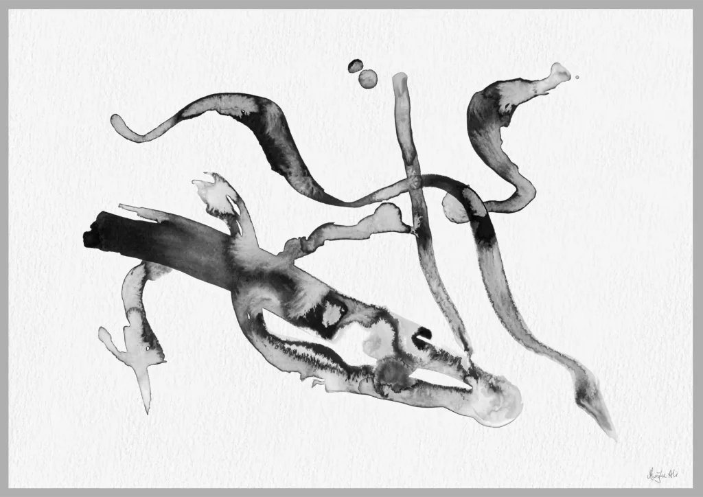 Giclée print of an abstract painting with chinese black ink, Ilford cotton textured paper, sizes A5, A4, A3, A2, A1, painting by Marijke Ali, t-fins