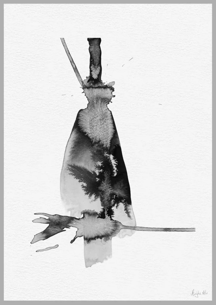 Giclée print of an abstract painting with chinese black ink, Ilford cotton textured paper, sizes A5, A4, A3, A2, A1, painting by Marijke Ali, t-fins