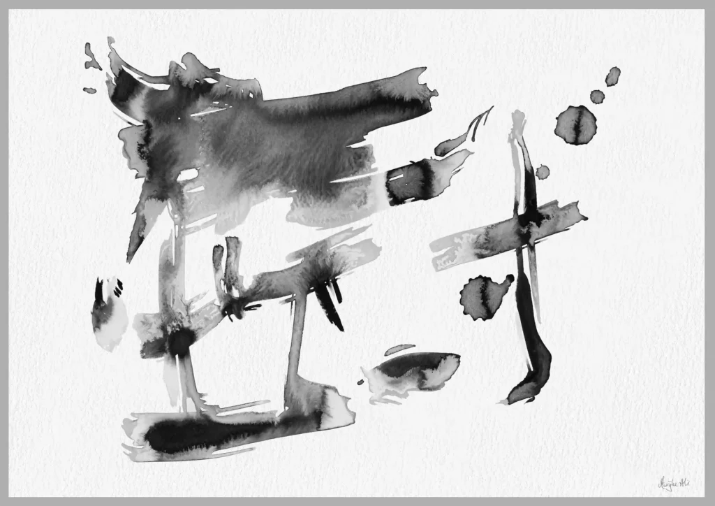 Giclée print of an abstract painting with chinese black ink, Ilford cotton textured paper, sizes A5, A4, A3, A2, A1, painting by Marijke Ali, t-fins