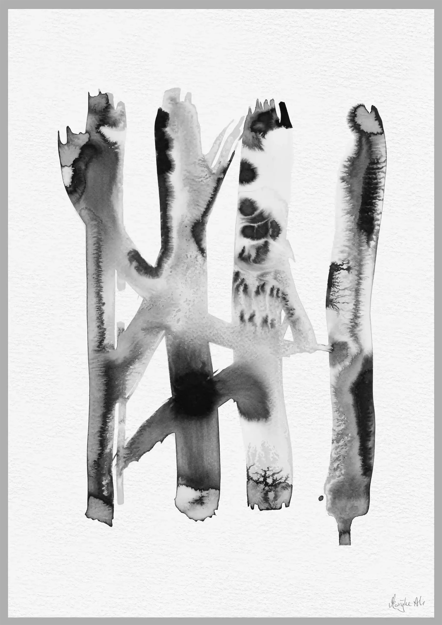 Giclée print of an abstract painting with chinese black ink, Ilford cotton textured paper, sizes A5, A4, A3, A2, A1, painting by Marijke Ali, t-fins