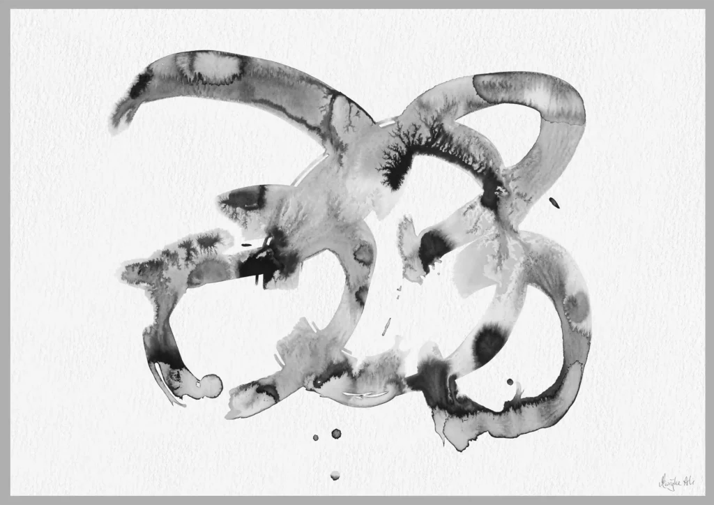 Giclée print of an abstract painting with chinese black ink, Ilford cotton textured paper, sizes A5, A4, A3, A2, A1, painting by Marijke Ali, t-fins