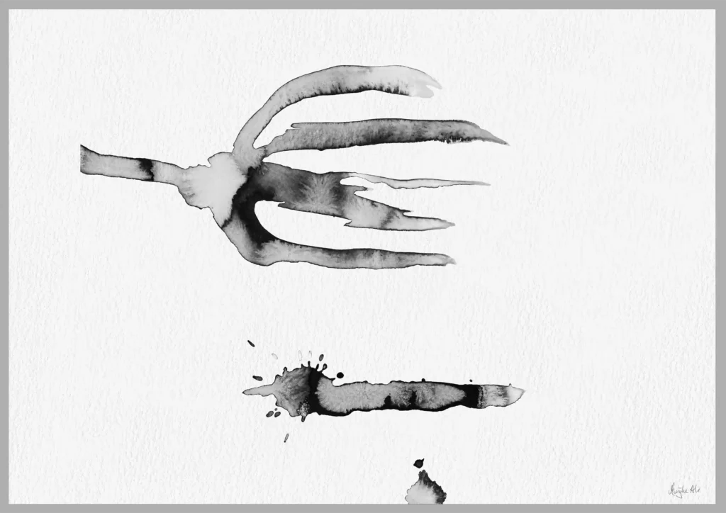 Giclée print of an abstract painting with chinese black ink, Ilford cotton textured paper, sizes A5, A4, A3, A2, A1, painting by Marijke Ali, t-fins