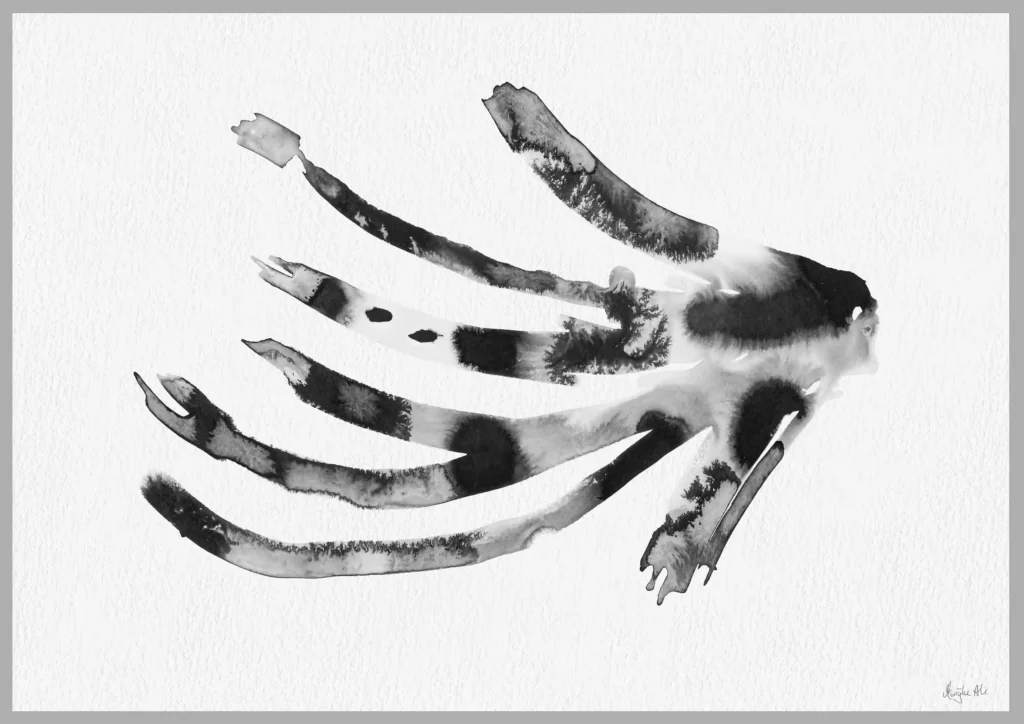 Giclée print of an abstract painting with chinese black ink, Ilford cotton textured paper, sizes A5, A4, A3, A2, A1, painting by Marijke Ali, t-fins