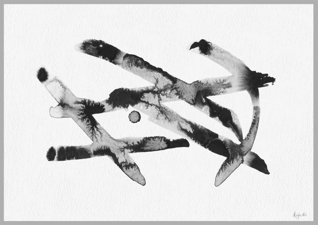 Giclée print of an abstract painting with chinese black ink, Ilford cotton textured paper, sizes A5, A4, A3, A2, A1, painting by Marijke Ali, t-fins