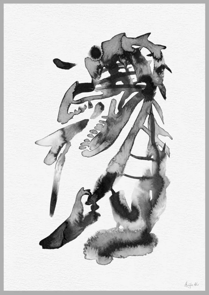 Giclée print of an abstract painting with chinese black ink, Ilford cotton textured paper, sizes A5, A4, A3, A2, A1, painting by Marijke Ali, t-fins