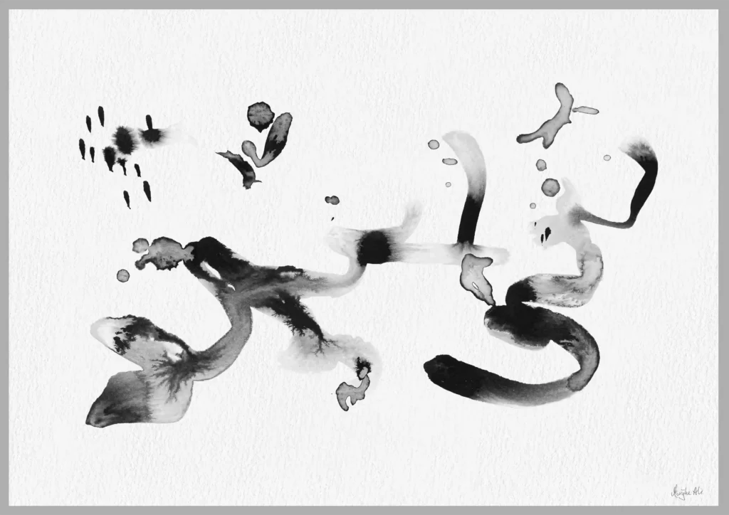 Giclée print of an abstract painting with chinese black ink, Ilford cotton textured paper, sizes A5, A4, A3, A2, A1, painting by Marijke Ali, t-fins