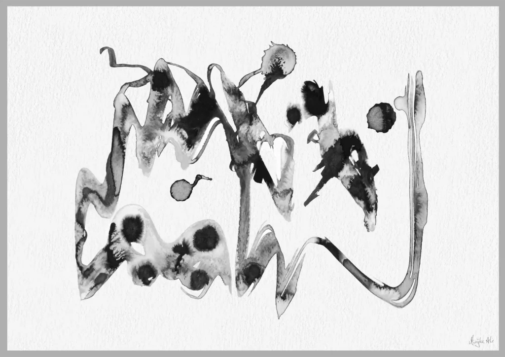 Giclée print of an abstract painting with chinese black ink, Ilford cotton textured paper, sizes A5, A4, A3, A2, A1, painting by Marijke Ali, t-fins