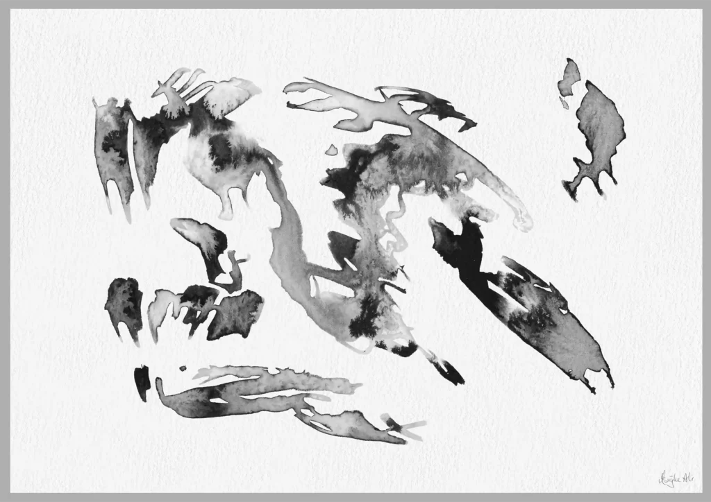 Giclée print of an abstract painting with chinese black ink, Ilford cotton textured paper, sizes A5, A4, A3, A2, A1, painting by Marijke Ali, t-fins