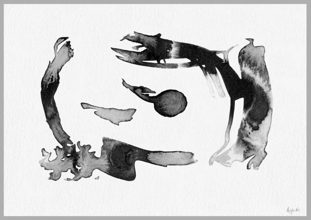 Giclée print of an abstract painting with chinese black ink, Ilford cotton textured paper, sizes A5, A4, A3, A2, A1, painting by Marijke Ali, t-fins