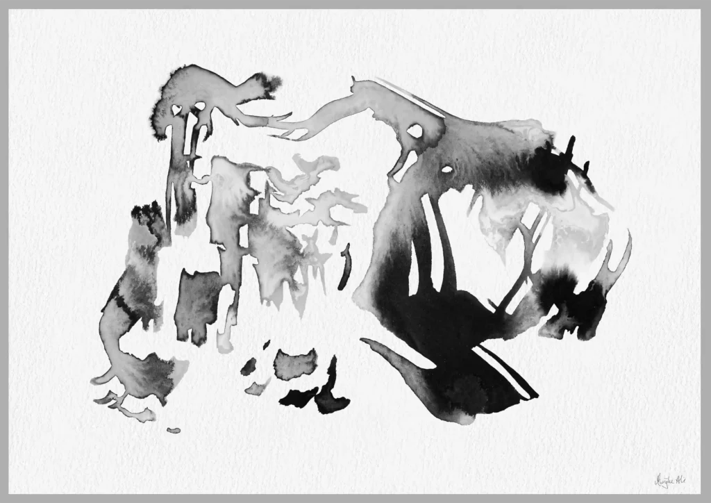 Giclée print of an abstract painting with chinese black ink, Ilford cotton textured paper, sizes A5, A4, A3, A2, A1, painting by Marijke Ali, t-fins