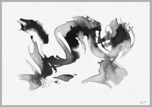 Giclée print of an abstract painting with chinese black ink, Ilford cotton textured paper, sizes A5, A4, A3, A2, A1, painting by Marijke Ali, t-fins