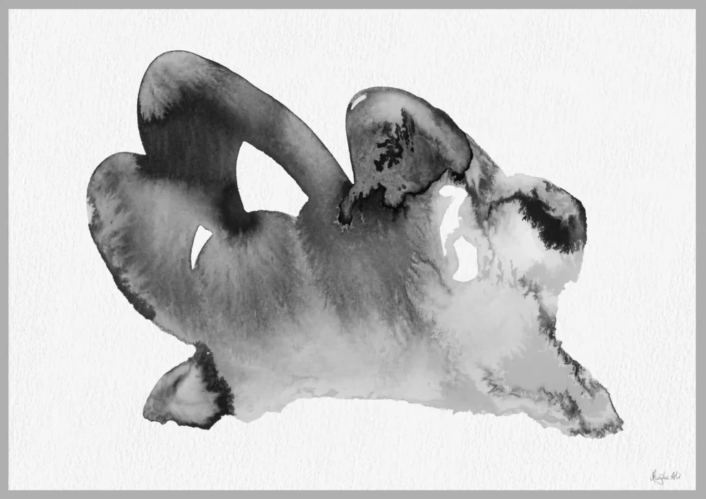 Giclée print of an abstract painting with chinese black ink, Ilford cotton textured paper, sizes A5, A4, A3, A2, A1, painting by Marijke Ali, t-fins