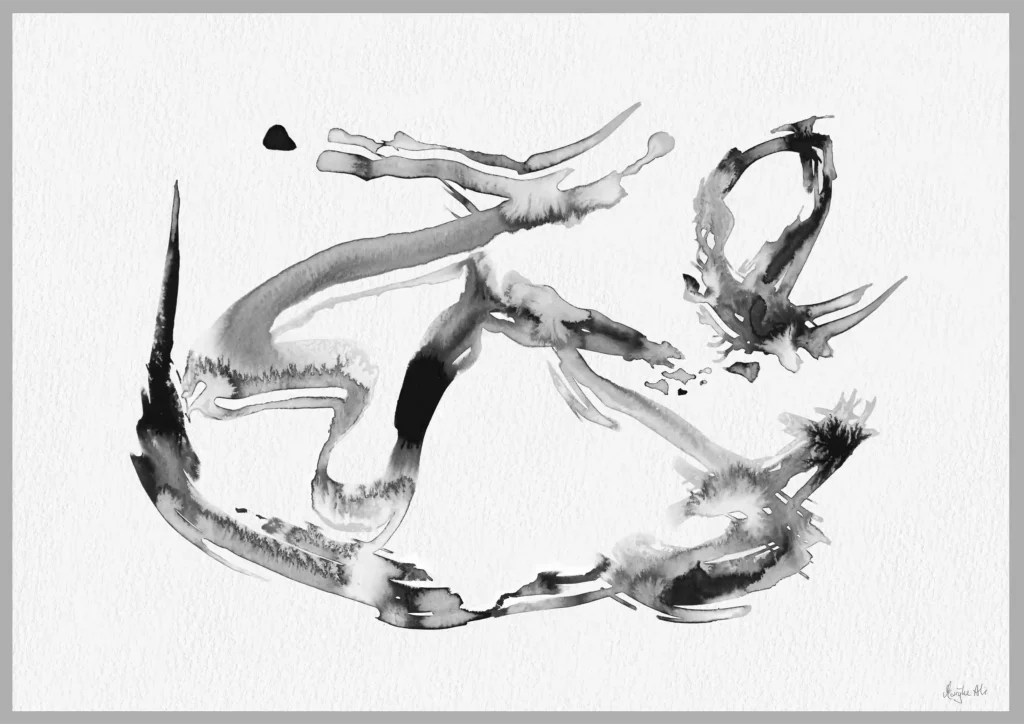 Giclée print of an abstract painting with chinese black ink, Ilford cotton textured paper, sizes A5, A4, A3, A2, A1, painting by Marijke Ali, t-fins
