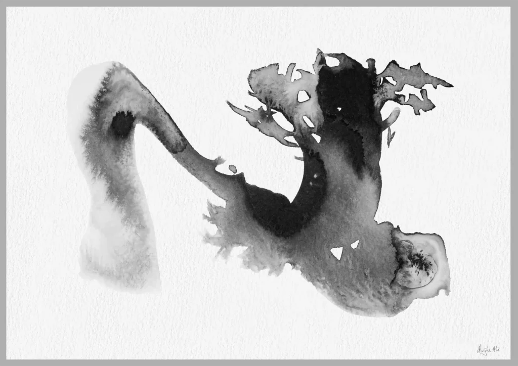 Giclée print of an abstract painting with chinese black ink, Ilford cotton textured paper, sizes A5, A4, A3, A2, A1, painting by Marijke Ali, t-fins