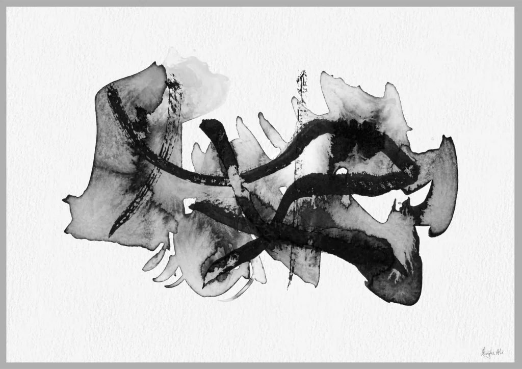 Giclée print of an abstract painting with chinese black ink, Ilford cotton textured paper, sizes A5, A4, A3, A2, A1, painting by Marijke Ali, t-fins