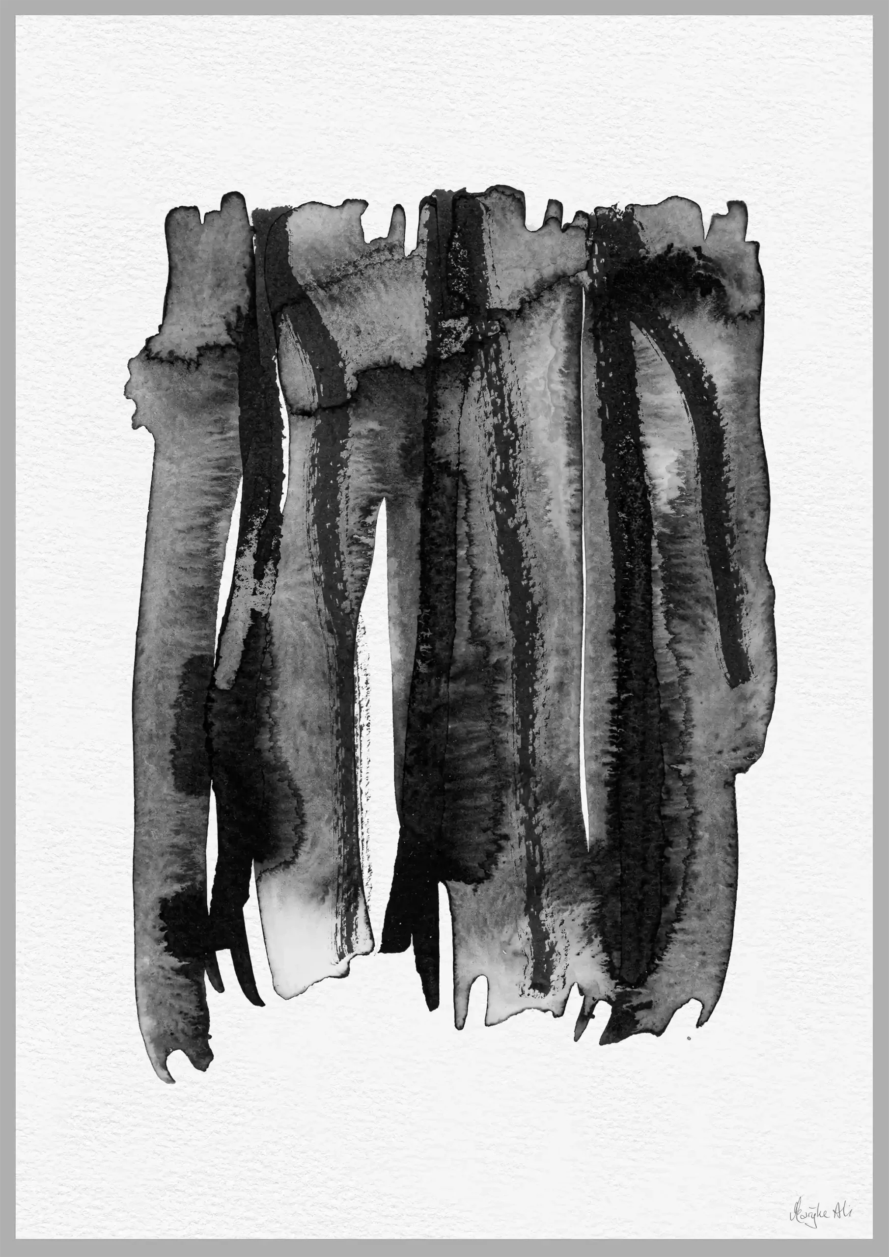 Giclée print of an abstract painting with chinese black ink, Ilford cotton textured paper, sizes A5, A4, A3, A2, A1, painting by Marijke Ali, t-fins