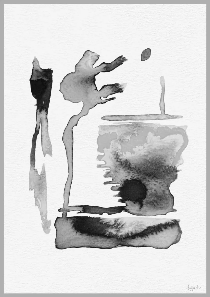 Giclée print of an abstract painting with chinese black ink, Ilford cotton textured paper, sizes A5, A4, A3, A2, A1, painting by Marijke Ali, t-fins