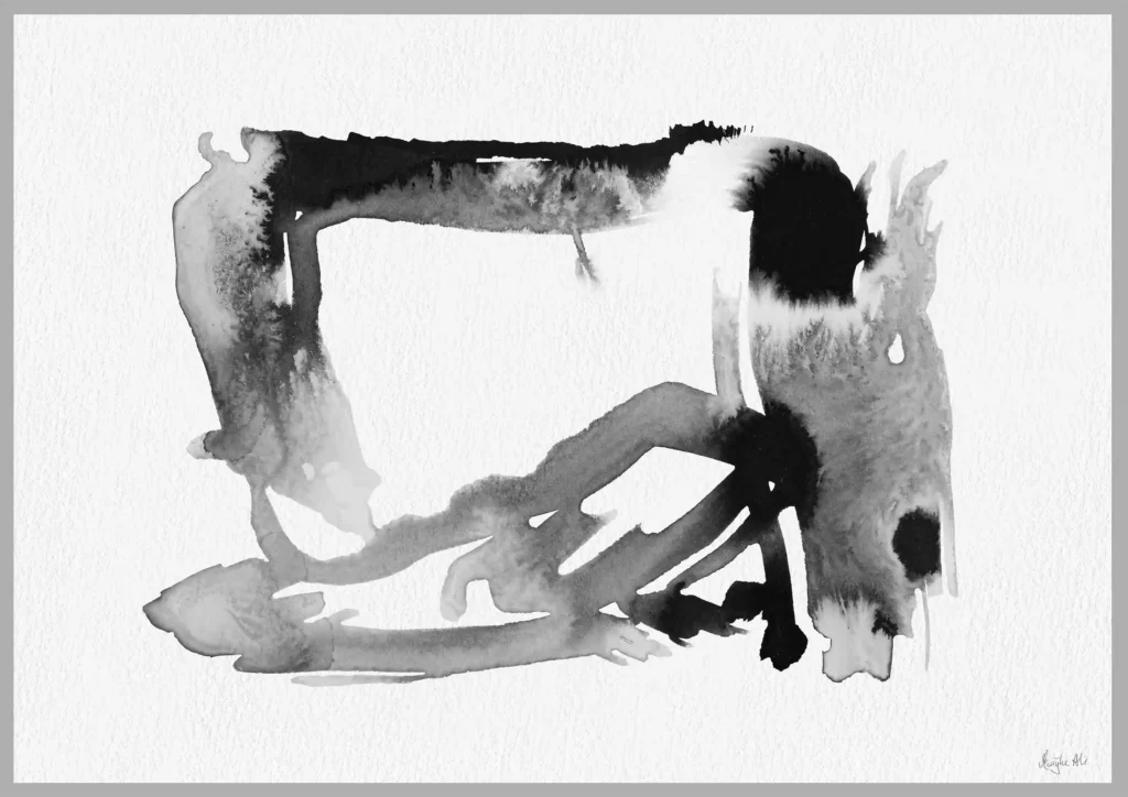 Giclée print of an abstract painting with chinese black ink, Ilford cotton textured paper, sizes A5, A4, A3, A2, A1, painting by Marijke Ali, t-fins