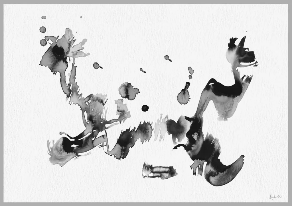 Giclée print of an abstract painting with chinese black ink, Ilford cotton textured paper, sizes A5, A4, A3, A2, A1, painting by Marijke Ali, t-fins
