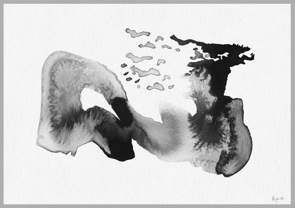 Giclée print of an abstract painting with chinese black ink, Ilford cotton textured paper, sizes A5, A4, A3, A2, A1, painting by Marijke Ali, t-fins