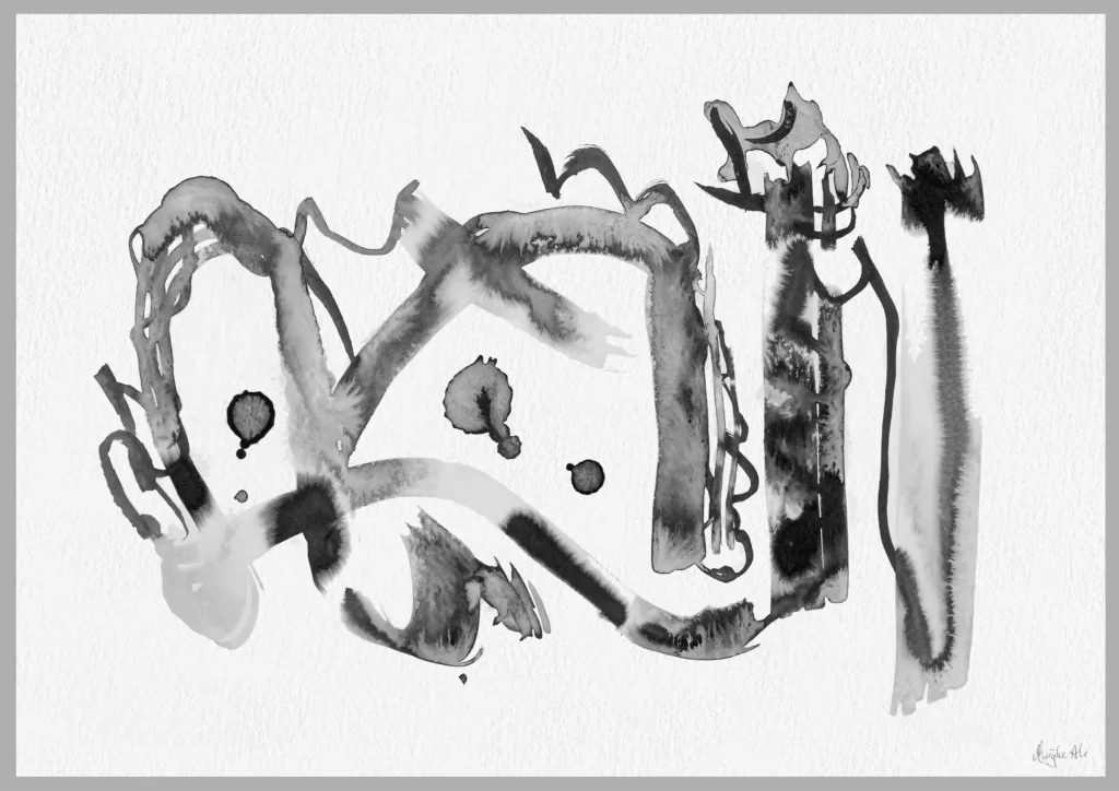 Giclée print of an abstract painting with chinese black ink, Ilford cotton textured paper, sizes A5, A4, A3, A2, A1, painting by Marijke Ali, t-fins