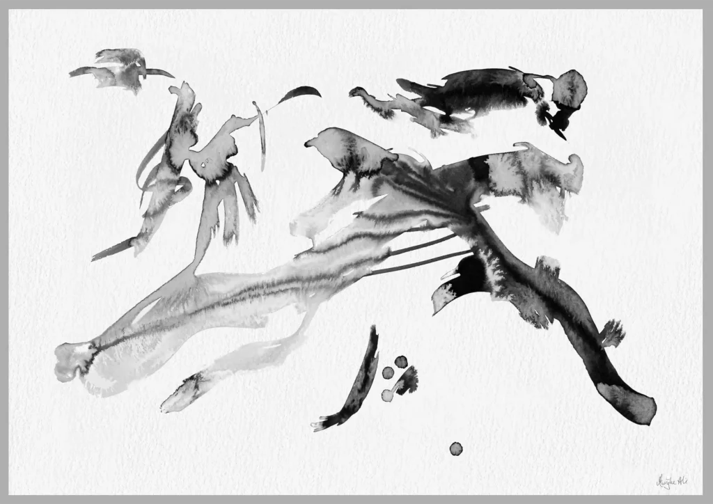 Giclée print of an abstract painting with chinese black ink, Ilford cotton textured paper, sizes A5, A4, A3, A2, A1, painting by Marijke Ali, t-fins