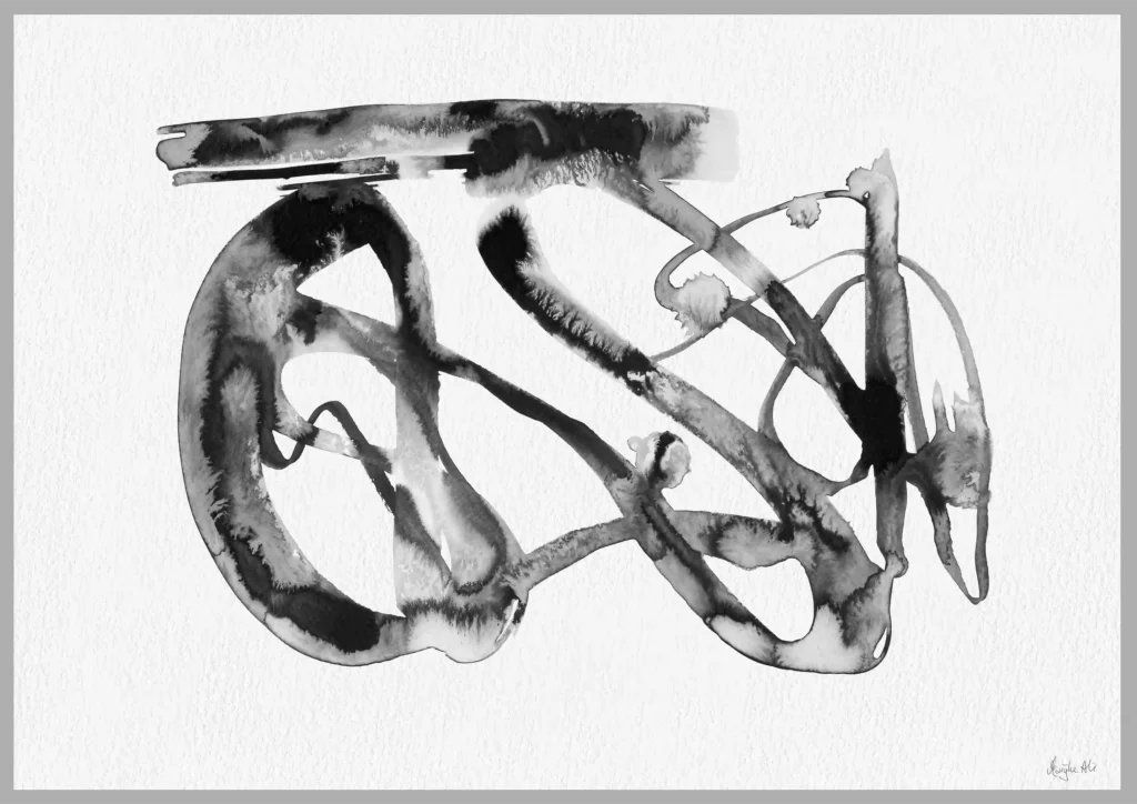 Giclée print of an abstract painting with chinese black ink, Ilford cotton textured paper, sizes A5, A4, A3, A2, A1, painting by Marijke Ali, t-fins