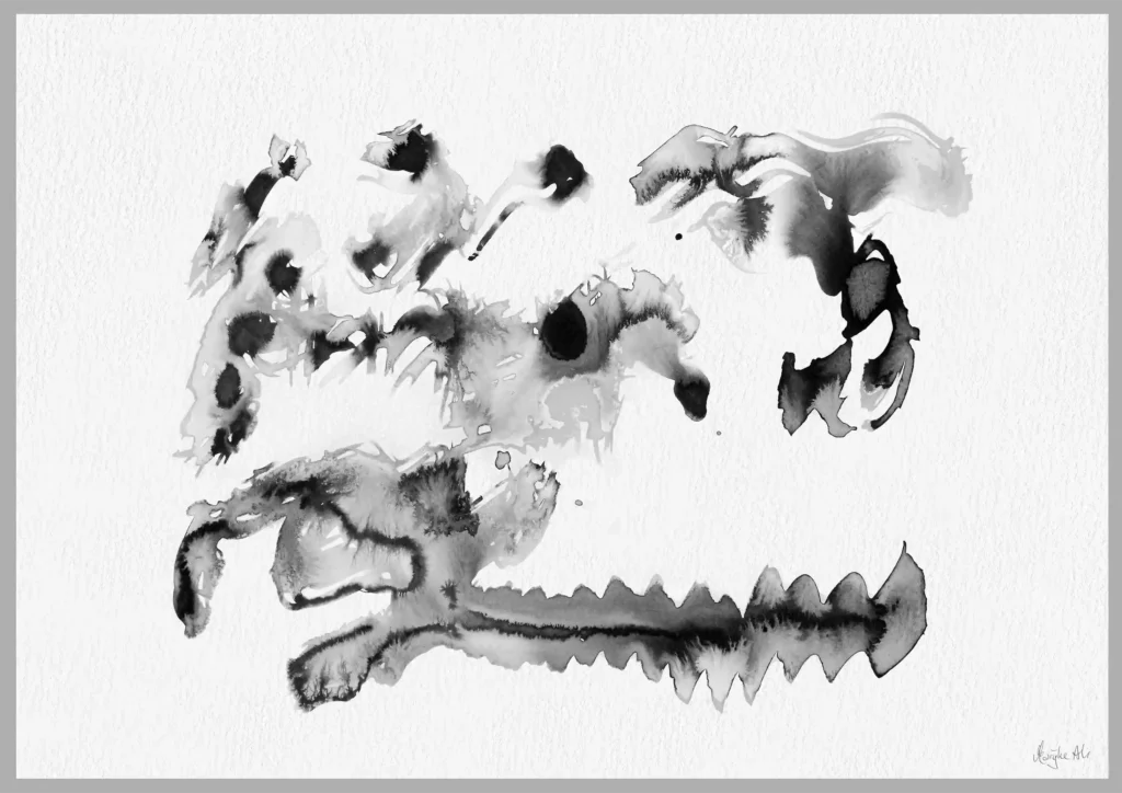 Giclée print of an abstract painting with chinese black ink, Ilford cotton textured paper, sizes A5, A4, A3, A2, A1, painting by Marijke Ali, t-fins