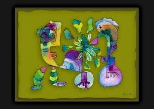 Giclée print of an absract painting with watercolour inks, Ilford cotton textured paper, sizes A5, A4, A3, A2, A1, painting by Marijke Ali, t-fins