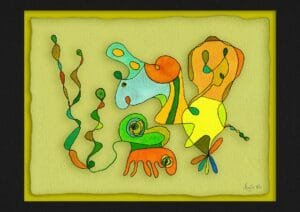 Giclée print of an abstract painting with watercolour inks, Ilford cotton textured paper, sizes A5, A4, A3, A2, A1, painting by Marijke Ali, t-fins