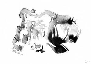 Giclée print of an abstract painting with chinese black ink, Ilford cotton textured paper, sizes A5, A4, A3, A2, A1, painting by Marijke Ali, t-fins