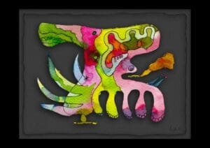 Giclée print of an abstract painting with watercolour inks, Ilford cotton textured paper, sizes A5, A4, A3, A2, A1, painting by Marijke Ali, t-fins