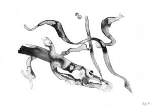 Giclée print of an abstract painting with chinese black ink, Ilford cotton textured paper, sizes A5, A4, A3, A2, A1, painting by Marijke Ali, t-fins